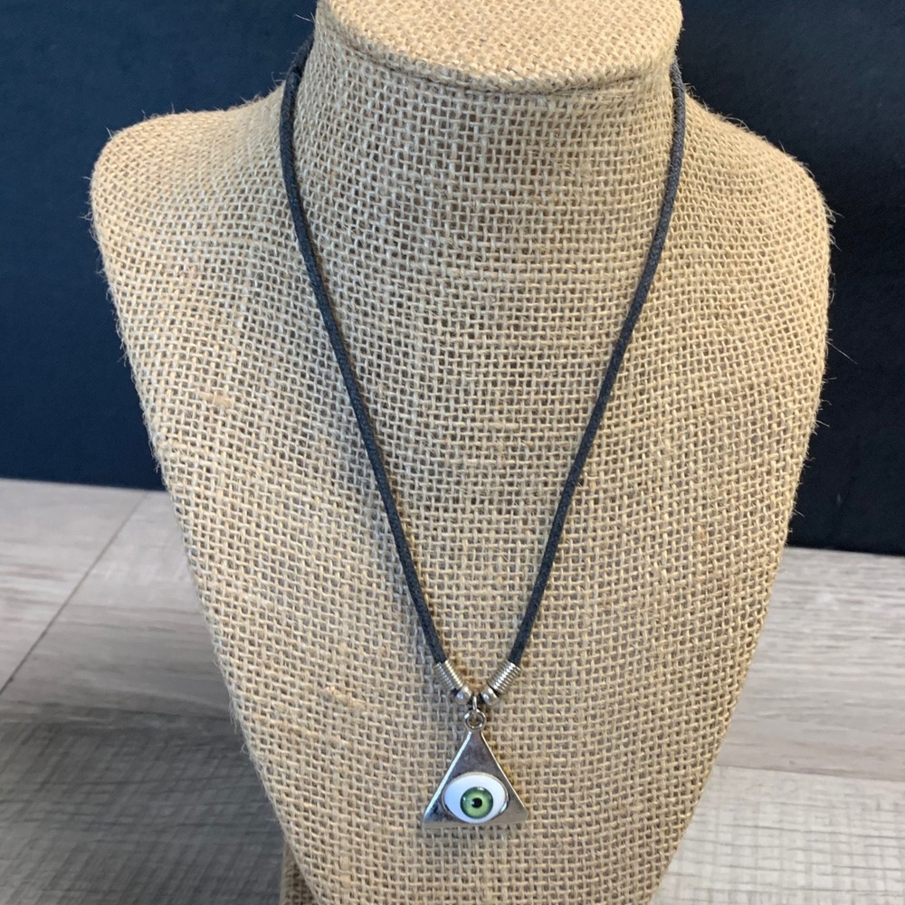 Green All Seeing Eye Triangle Pendant Necklace Black Cord 16 Inch 4765